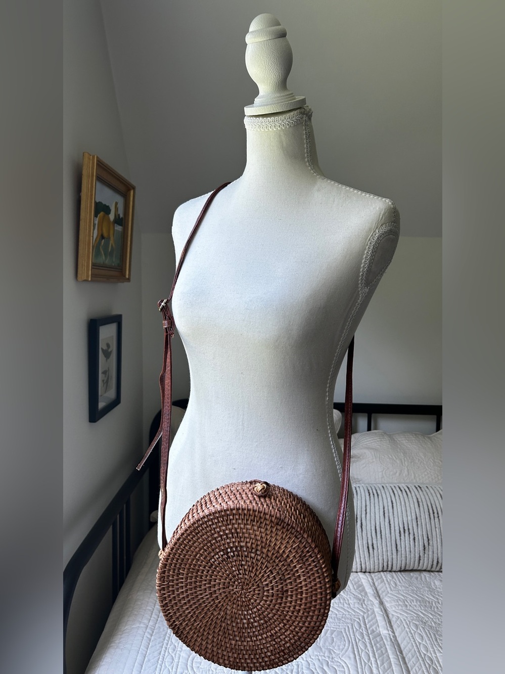 Brown Round Woven Crossbody Bag with Leather Strap - made in Italy